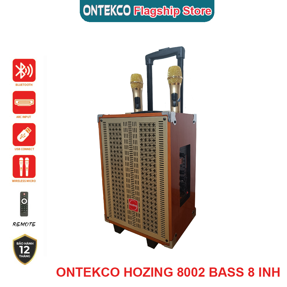 ONTEKCO audio Bộ loa kéo HOZING 8002 kèm 2 micro gold bass 8 inh, có bánh xe di chuyển hát karaoke hay