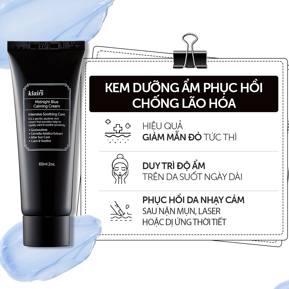 Kem Dưỡng Ẩm Dear Klairs Midnight Blue Calming Cream Làm Dịu Da Ban Đêm Giúp Da Mịn Màng 30ml/60ml