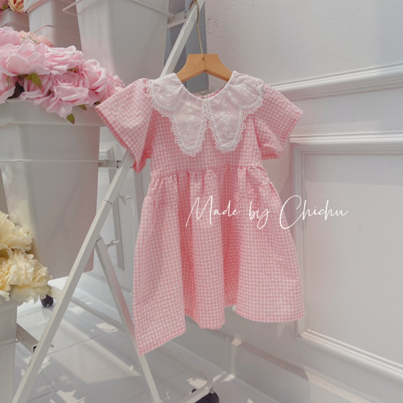 Váy bé gái CHICHU Kẻ caro hồng babie Thô Hàn Cao Cấp phối ren tiểu thư công chúa size 1-7