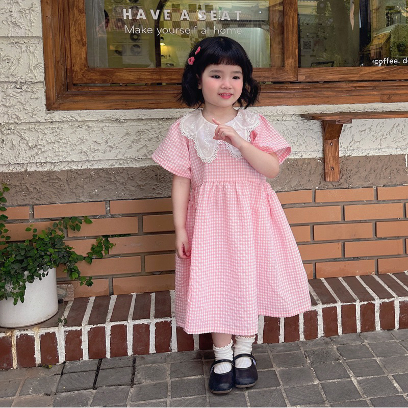 Váy bé gái CHICHU Kẻ caro hồng babie Thô Hàn Cao Cấp phối ren tiểu thư công chúa size 1-7