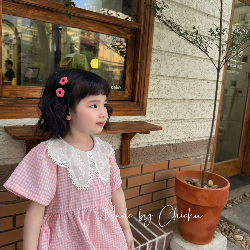 Váy bé gái CHICHU Kẻ caro hồng babie Thô Hàn Cao Cấp phối ren tiểu thư công chúa size 1-7