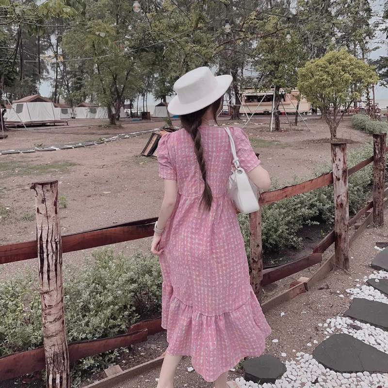 Váy thiết kế đuôi cá, váy kẻ hồng dáng dài tiểu thư nhẹ nhàng loại 1