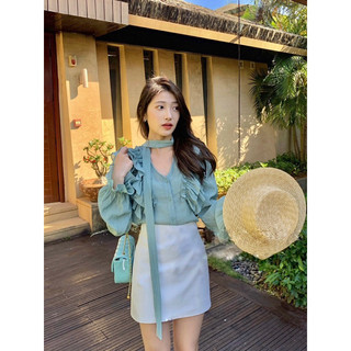 Áo sơ mi kiểu nữ ALENA Fashion áo sơ mi cổ v phối bèo lụa tơ xước phong cách tiểu thư Hàn Quốc