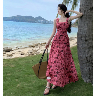 [HÀNG QC] Đầm maxi cổ vuông hở lưng hoa hồng
