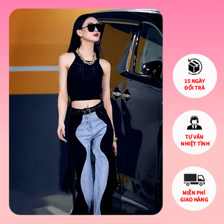 Áo Croptop + Quần Jean Ống Rộng Phối Màu Tương Phản, Set Đồ Nữ Trẻ Trung Năng Động, Có Đủ Các Size.