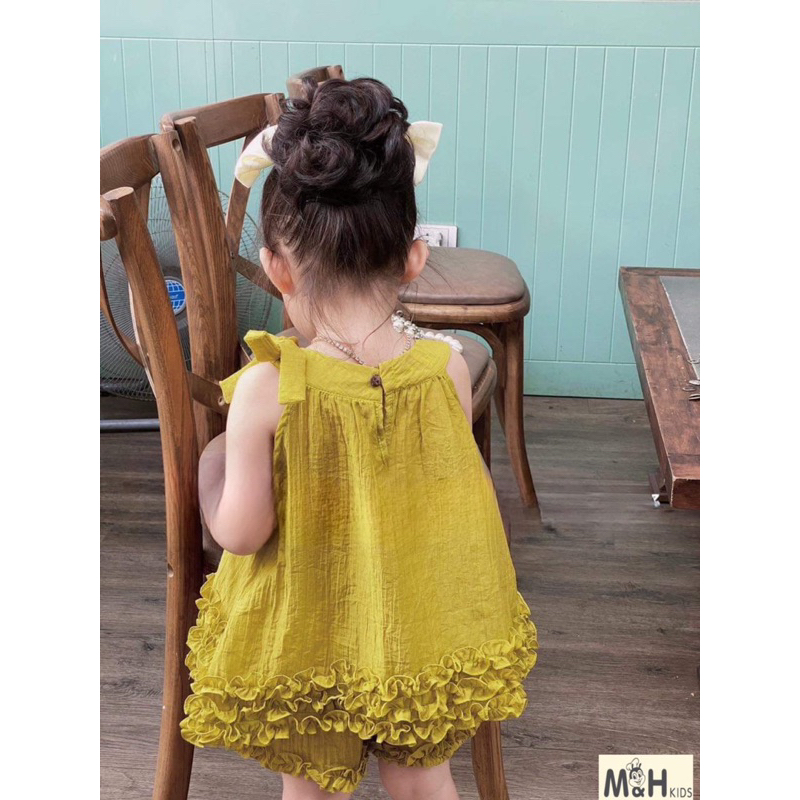 Set yếm đũi tơ nhăn óng mềm chạy viền bèo cực xinh cho bé gái 11-28kg