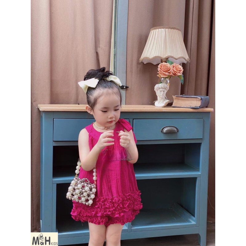 Set yếm đũi tơ nhăn óng mềm chạy viền bèo cực xinh cho bé gái 11-28kg