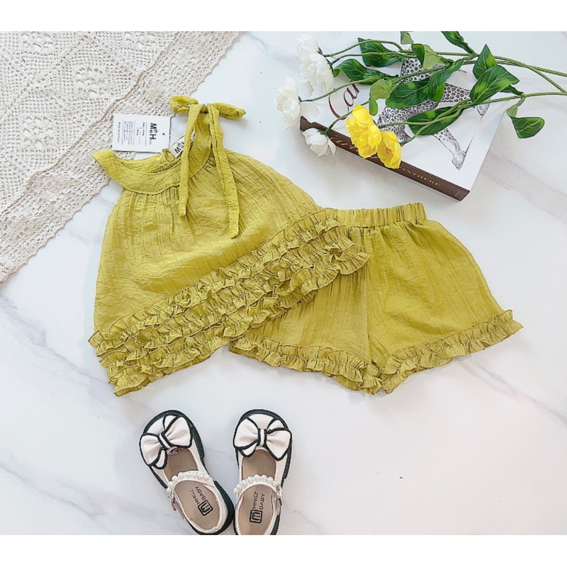 Set yếm đũi tơ nhăn óng mềm chạy viền bèo cực xinh cho bé gái 11-28kg