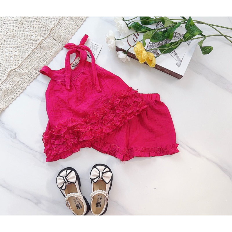 Set yếm đũi tơ nhăn óng mềm chạy viền bèo cực xinh cho bé gái 11-28kg