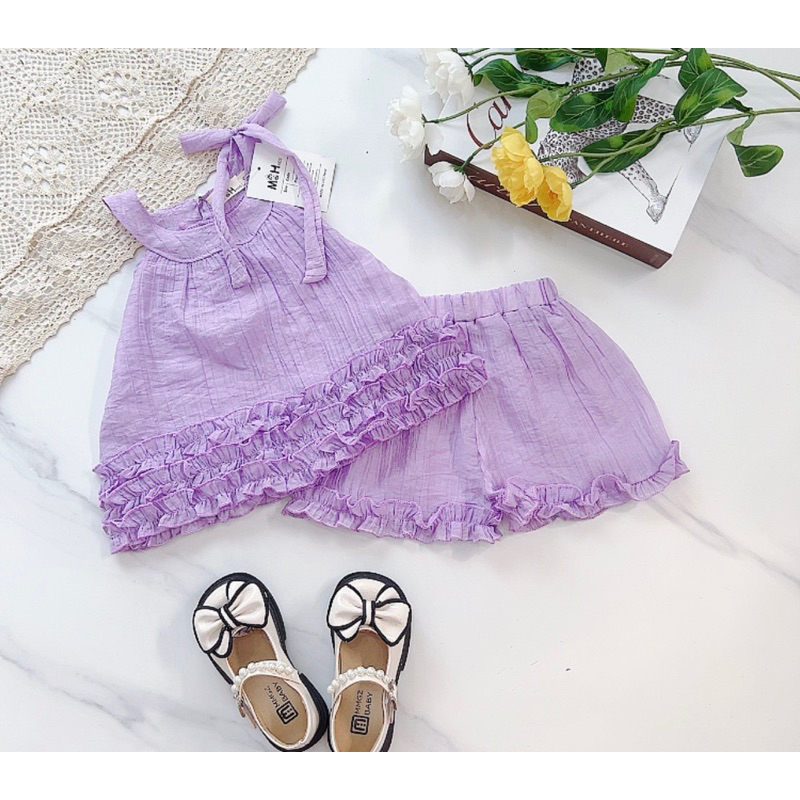 Set yếm đũi tơ nhăn óng mềm chạy viền bèo cực xinh cho bé gái 11-28kg