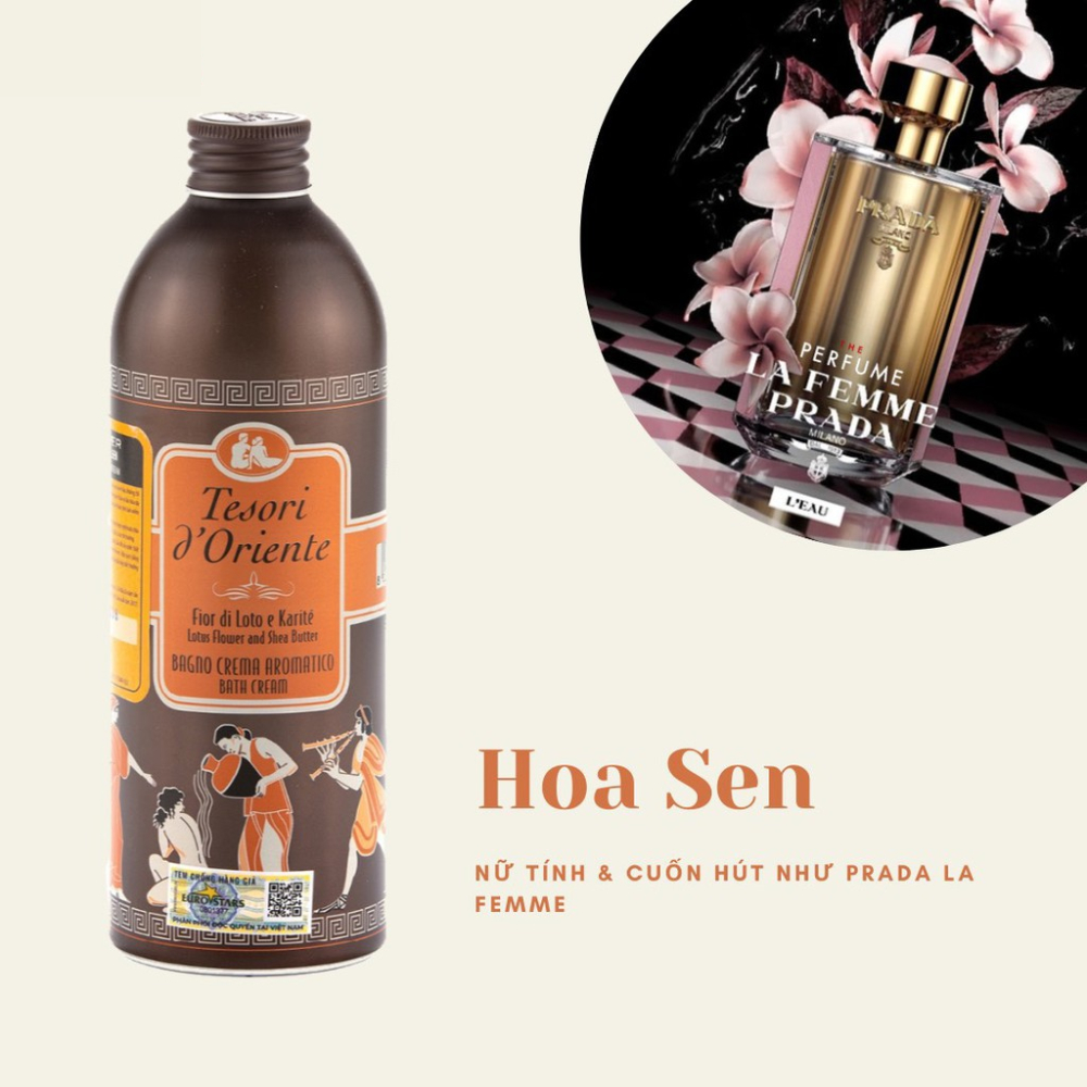 Sữa tắm xích Tesori trắng da, Sữa tắm nước hoa Ý hương sen, Sữa tắm hương sen thơm ngọt dịu lưu hương lâu 500ml