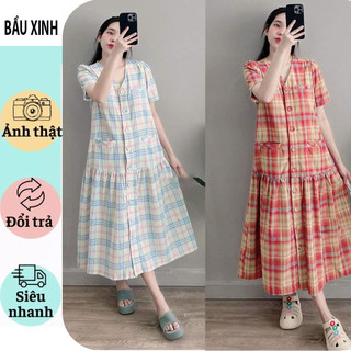 Váy đầm bầu công sở dự tiệc-đầm bầu thiết kế babaydoll kẻ caro cổ tim đuôi cá xinh xắn vải mềm mát đẹp