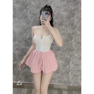Set nữ áo 2 dây croptop gài nút mix quần đùi xòe kiểu sọc caro xinh xắn