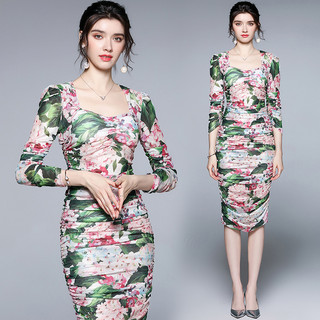 ĐẦM VÁY BODY vải thun lưới may nhún dáng ôm dài in họa tiết hoa lá DG rực rỡ