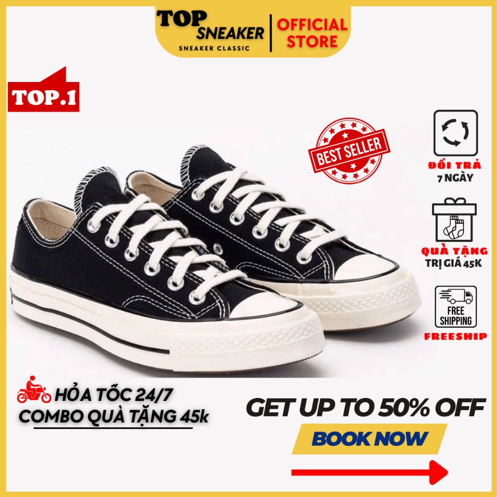 Giày Conversee ChuckTaylor 70s Cổ Thấp Màu Đen-Trắng,Giày Thể Thao Nam Nữ Convers Đen Trắng, Màu Kem Bản Chuẩn Full PK