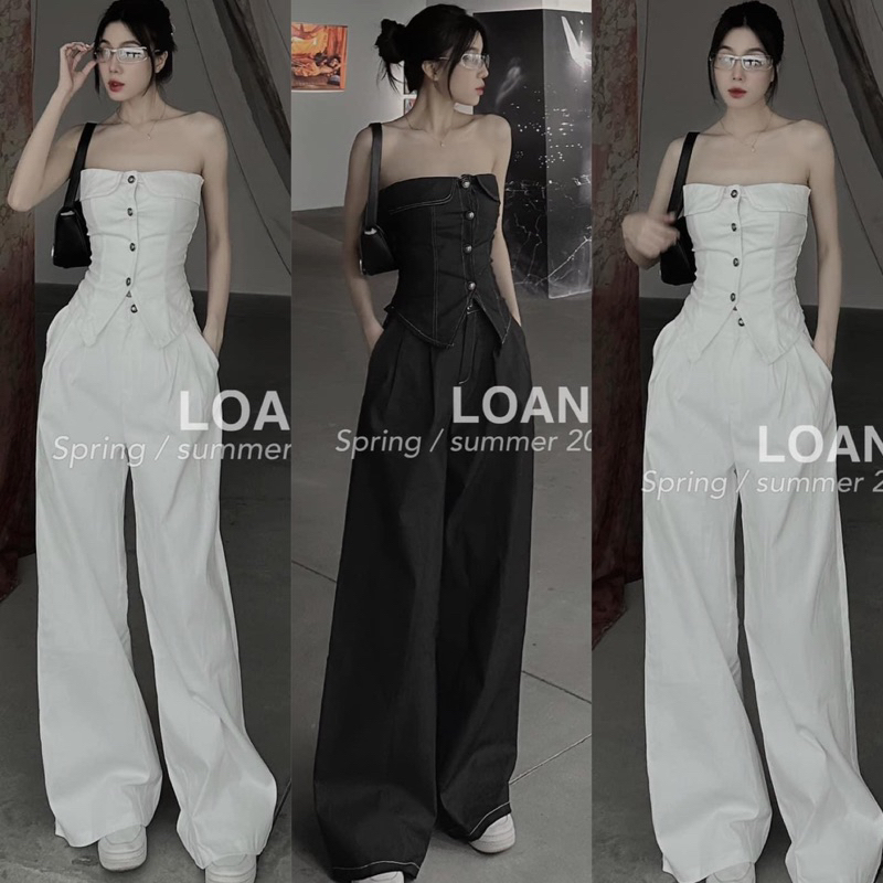 Set Bộ Cotton Lạnh Áo Cúp Mút Đính Nút + Quần Ống Xuông Có Túi