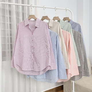 Áo Sơ Mi Kẻ Sọc Nhí Pastel Dài Tay Trơn Cho Nữ Xinh Xắn, Sơ Mi Công Sở Sọc Kẻ Cotton Đũi Mềm Dày Dặn Freesize