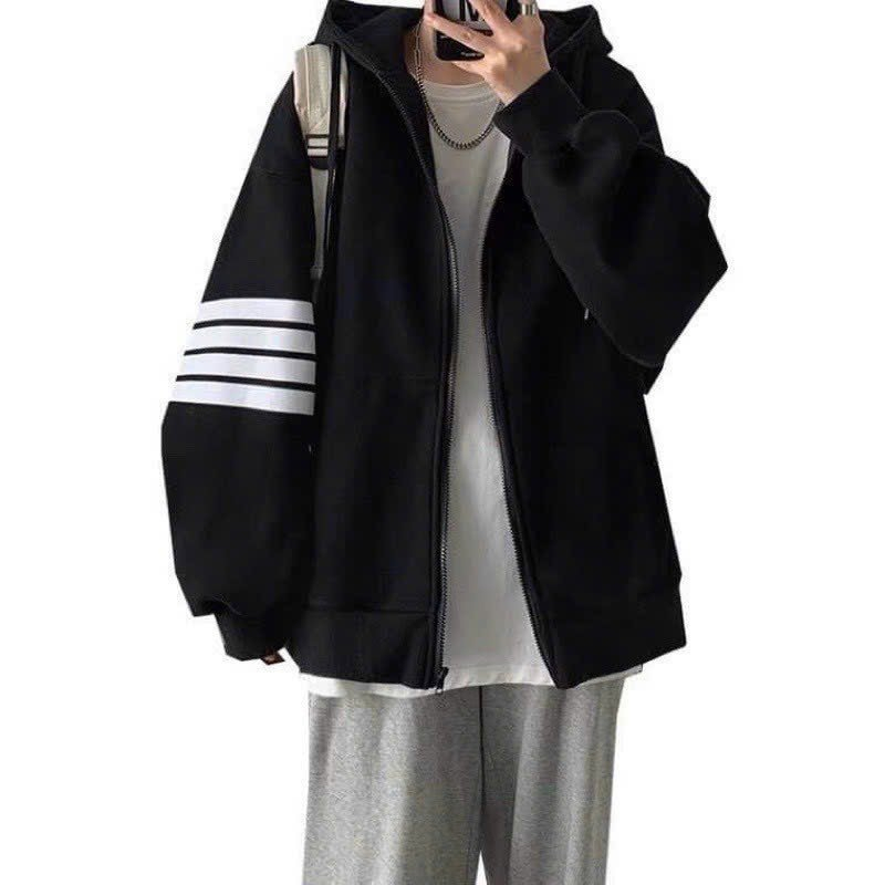 Áo Khoác Nữ Hoodie Màu Đen Dây Kéo 3 Gạch Tay Nỉ Dày Dặn Kiểu Hàn Quốc Thời Trang