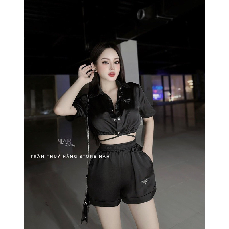 Set Bộ PRA.DA Satin Nhung Áo Polo Croptop Rút Eo Hiệu Tam Giác + Quần Short Đùi