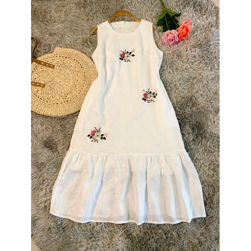 Đầm linen tưng premium trắng phôm suông