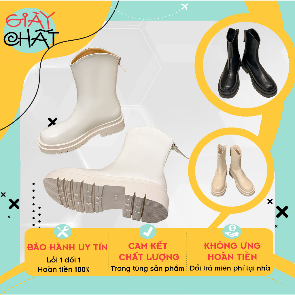 Giày bốt nữ cổ lửng chất da lỳ có khoá kéo sau, Bốt nữ thấp cổ đế 3p răng cưa kiểu Hàn quốc