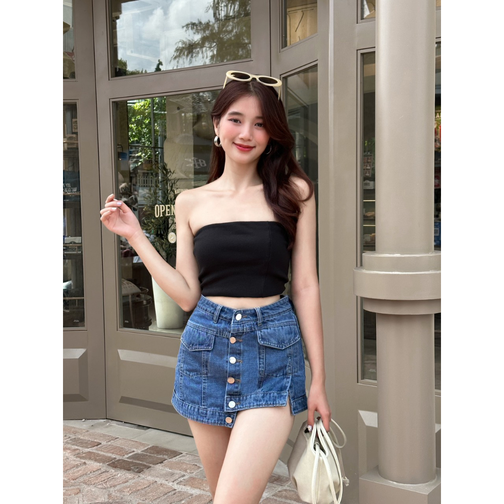 Quần giả váy jean, quần bò giả váy cho nữ cạp cao phối cúc hàng dáng ngắn sexy  - Xưởng May LTM