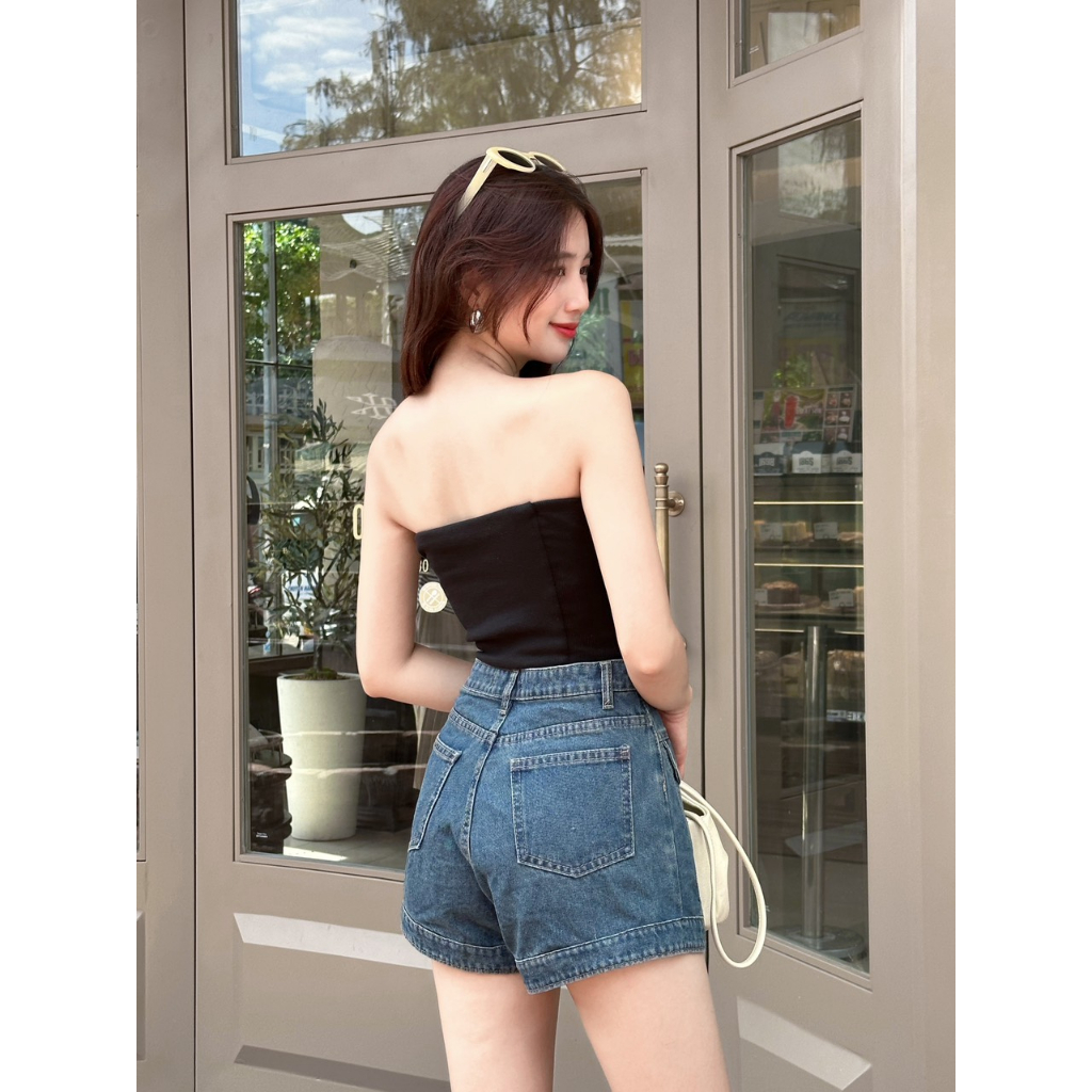 Quần giả váy jean, quần bò giả váy cho nữ cạp cao phối cúc hàng dáng ngắn sexy  - Xưởng May LTM