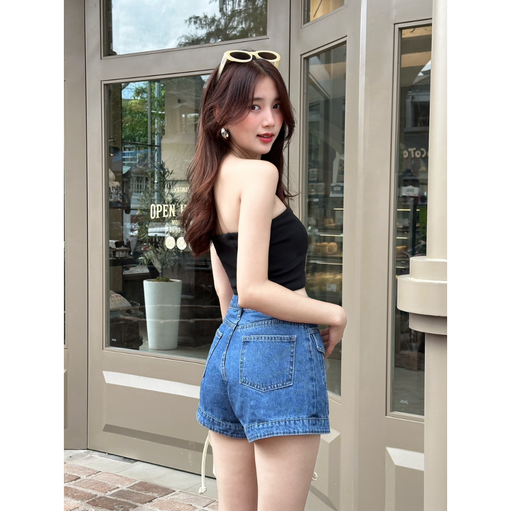 Quần giả váy jean, quần bò giả váy cho nữ cạp cao phối cúc hàng dáng ngắn sexy  - Xưởng May LTM