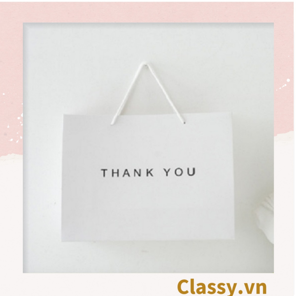 Túi giấy kraft Classy Thank You có quai xách màu trắng, nhiều kích cỡ lựa chọn Q1352