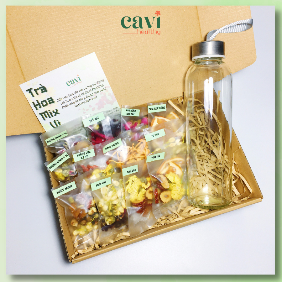 Set Trà Hoa Mix 12 Vị Kèm Chai Thủy Tinh Cavi Healthy Thanh Nhiệt, Đẹp Da, Giảm Stress