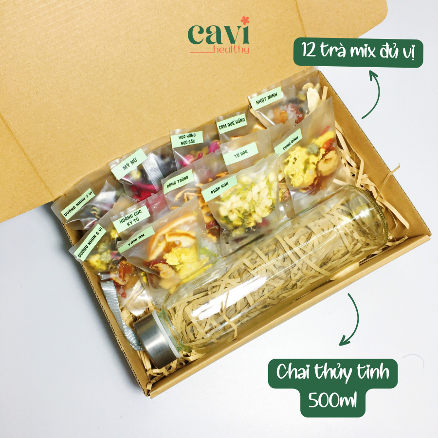 Set Trà Hoa Mix 12 Vị Kèm Chai Thủy Tinh Cavi Healthy Thanh Nhiệt, Đẹp Da, Giảm Stress