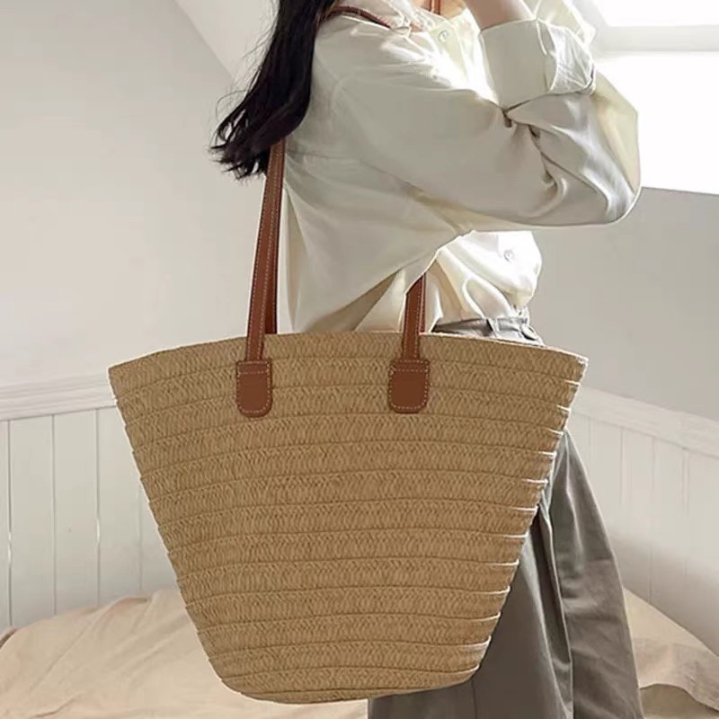 Túi cói đan tay phối dây da phong cách vintage chụp ảnh sang chảnh Túi tone nâu be cho bạn gái phong cách hè 2023