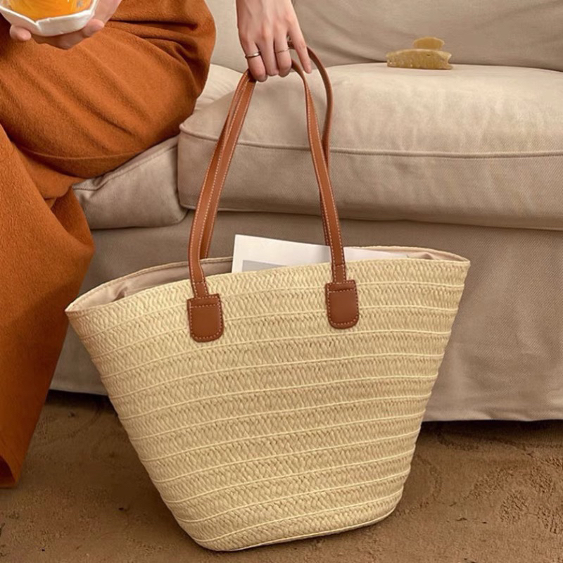 Túi cói đan tay phối dây da phong cách vintage chụp ảnh sang chảnh Túi tone nâu be cho bạn gái phong cách hè 2023