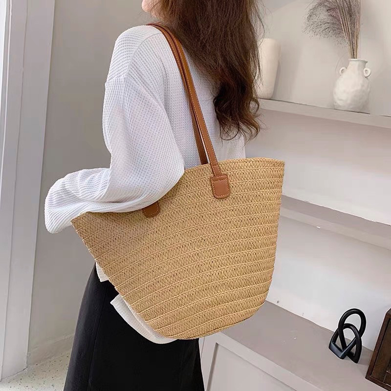Túi cói đan tay phối dây da phong cách vintage chụp ảnh sang chảnh Túi tone nâu be cho bạn gái phong cách hè 2023