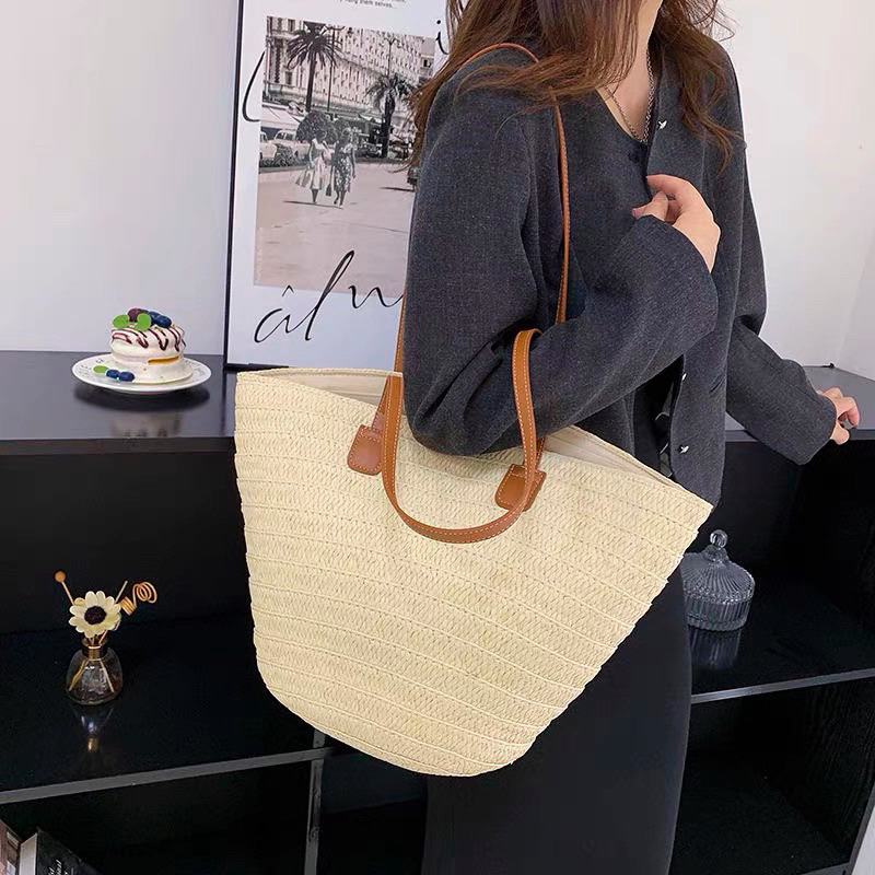 Túi cói đan tay phối dây da phong cách vintage chụp ảnh sang chảnh Túi tone nâu be cho bạn gái phong cách hè 2023