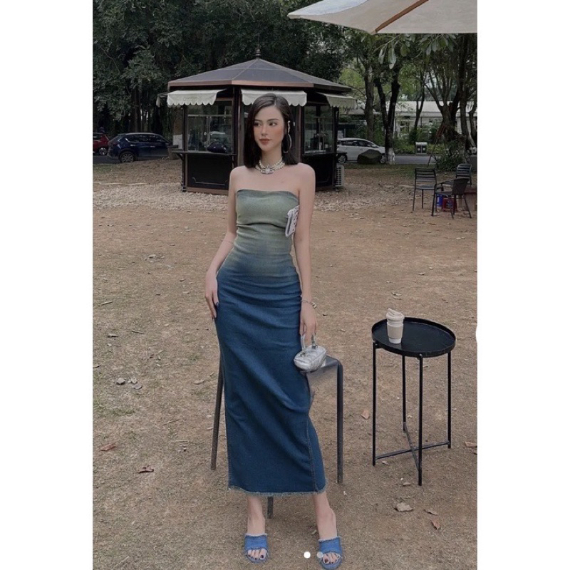 Đầm quây body cúp ngực jeans loang ombre chất vải denim QCCC cực sang chảnh