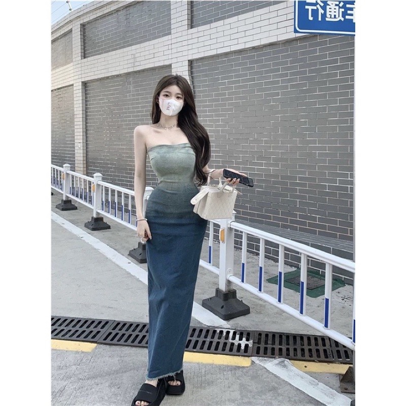 Đầm quây body cúp ngực jeans loang ombre chất vải denim QCCC cực sang chảnh