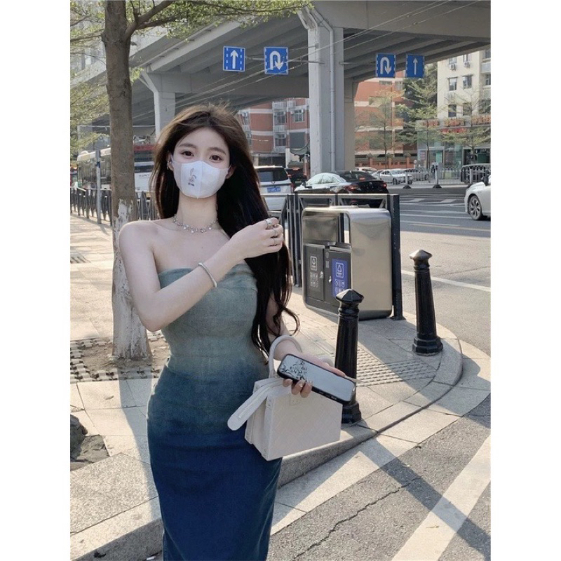 Đầm quây body cúp ngực jeans loang ombre chất vải denim QCCC cực sang chảnh