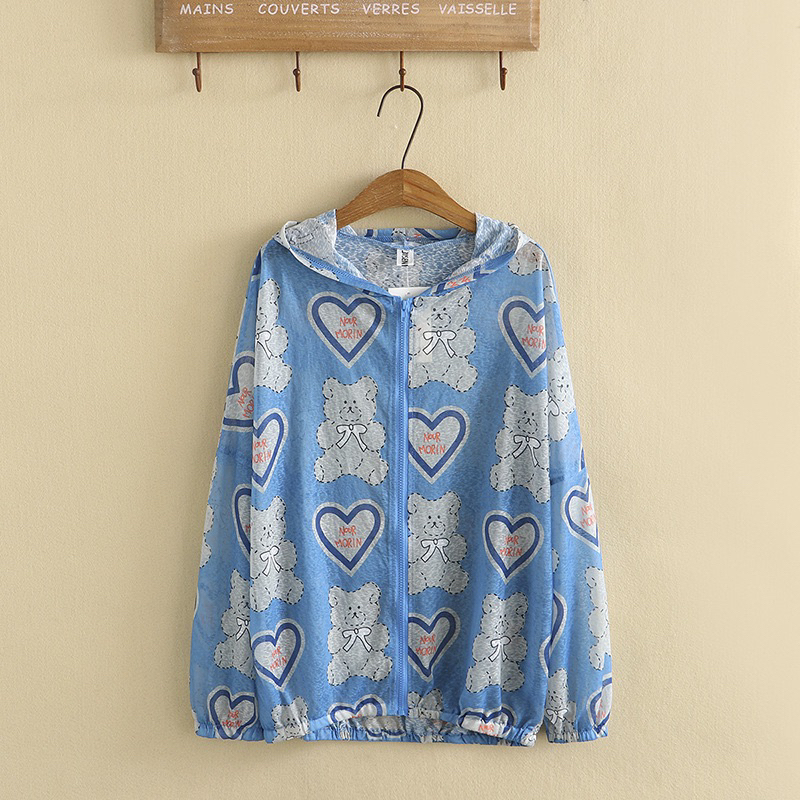 Áo khoác thun xanh mỏng hình gấu tim big size 5XL 95-110kg