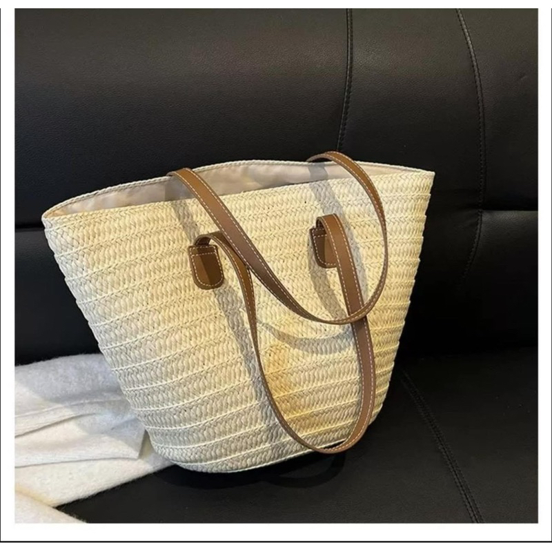 Túi cói đan tay phối dây da phong cách vintage chụp ảnh sang chảnh Túi tone nâu be cho bạn gái phong cách hè 2023