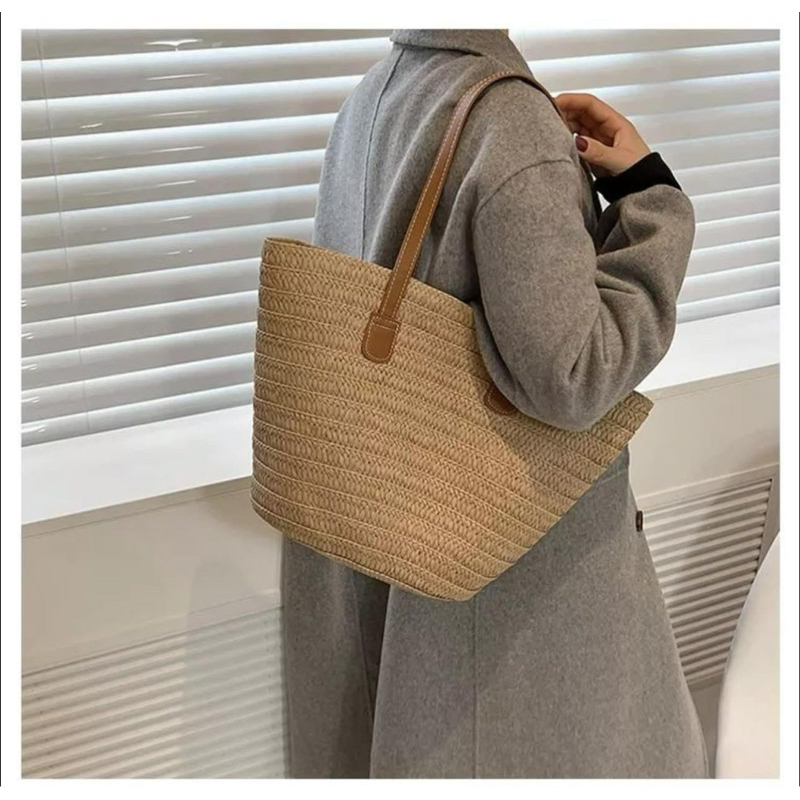 Túi cói đan tay phối dây da phong cách vintage chụp ảnh sang chảnh Túi tone nâu be cho bạn gái phong cách hè 2023