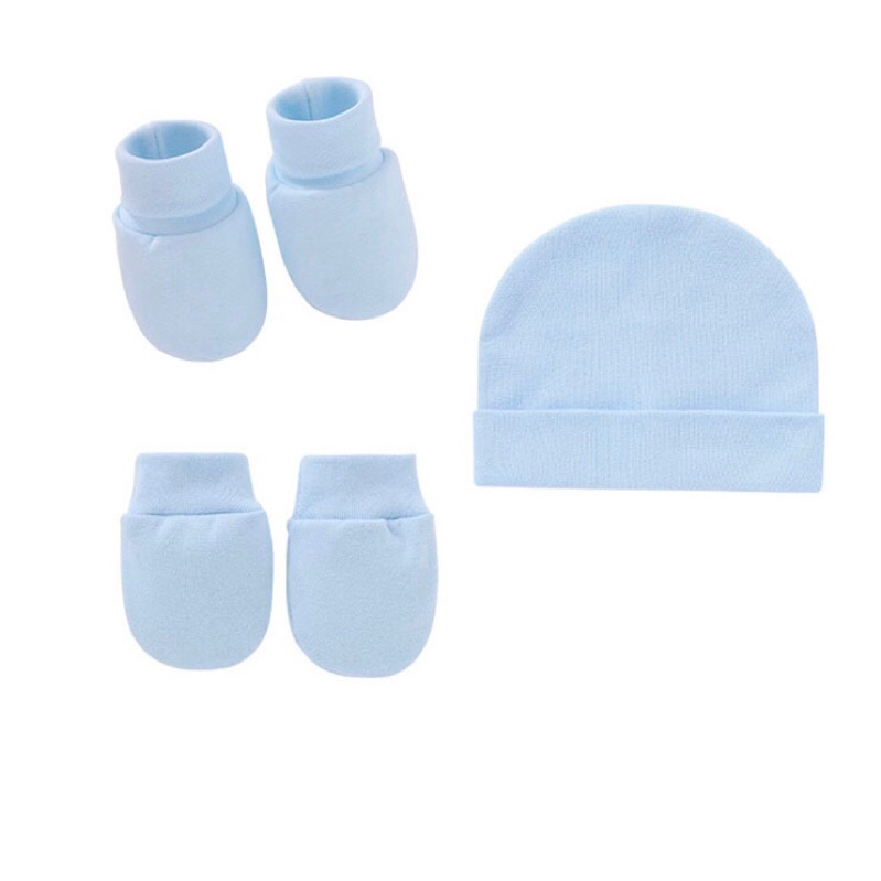 Set Mũ Bao Tay Chân Bo Chun Vải Cotton Co Dãn Màu Trơn 0-6 Tháng