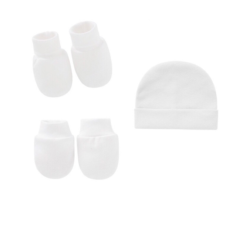 Set Mũ Bao Tay Chân Bo Chun Vải Cotton Co Dãn Màu Trơn 0-6 Tháng