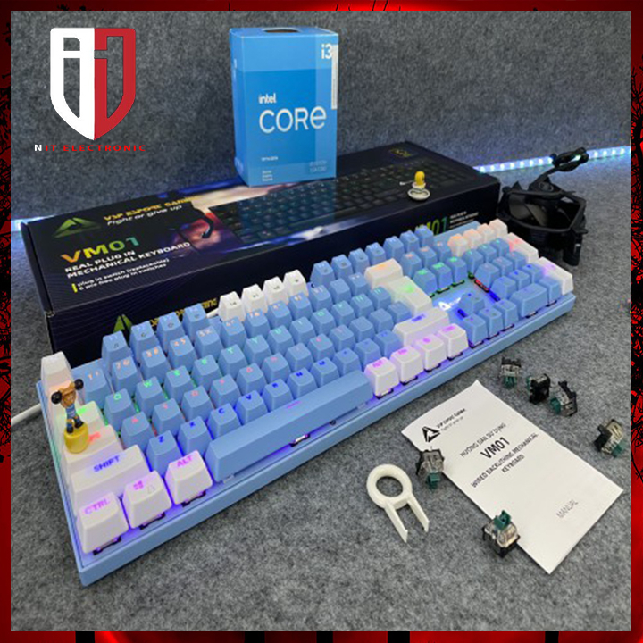 Bàn phím cơ blueswitch máy tính dễ thương eSport gaming VM01 VM05 xanh hồng led có dây mini