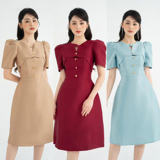 Đầm Dự Tiệc Tay Bồng Xếp Li Đính Cúc Hoa Kim Loại Sang Trọng A8212