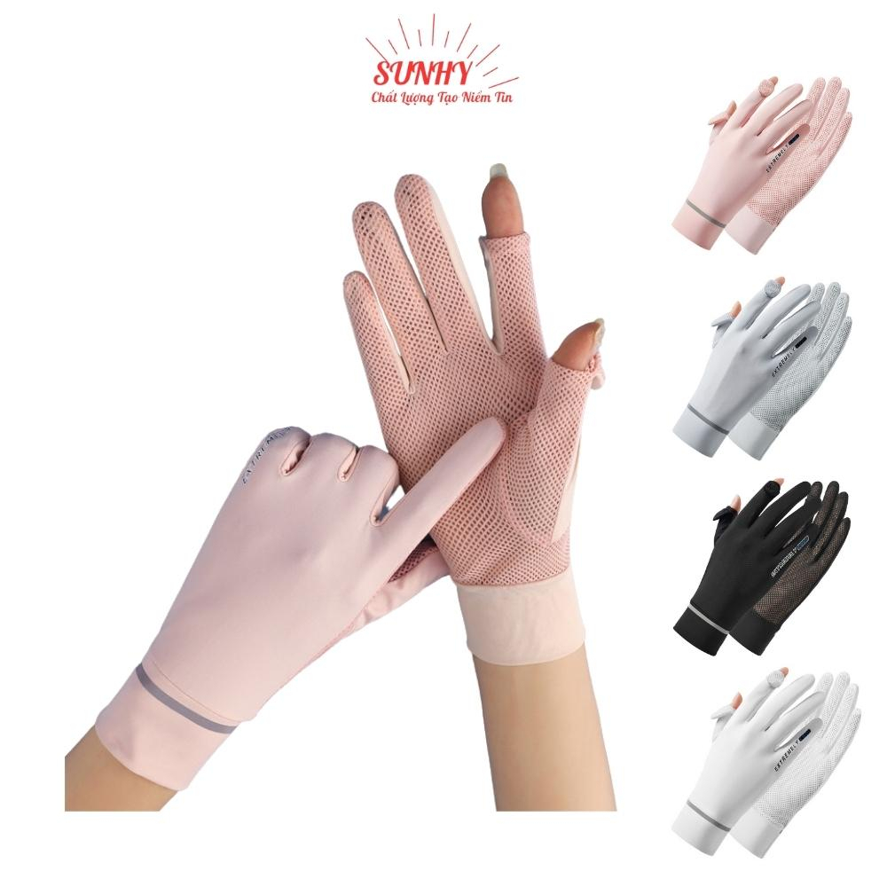 Găng tay, bao tay chống nắng tia uv nữ vải thun lạnh phối lưới lái xe chống trượt