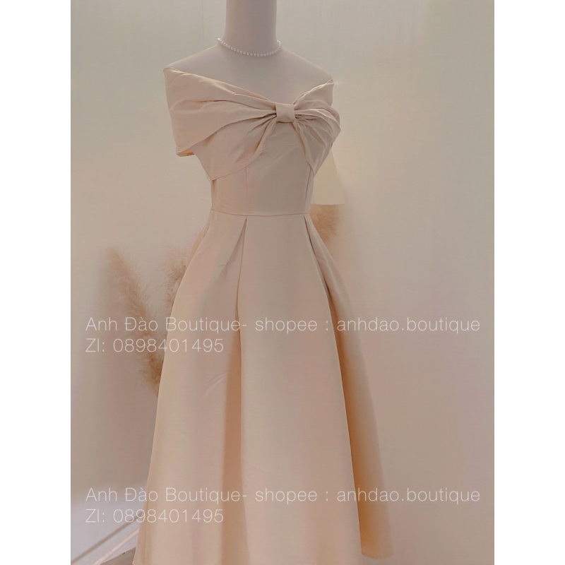 Váy Thiết Kế Trễ Vai Dáng Xoè Dài Dự Tiệc Chất Taffa Màu Trắng Nude Đỏ V250 Size S M L AĐ BOUTIQUE