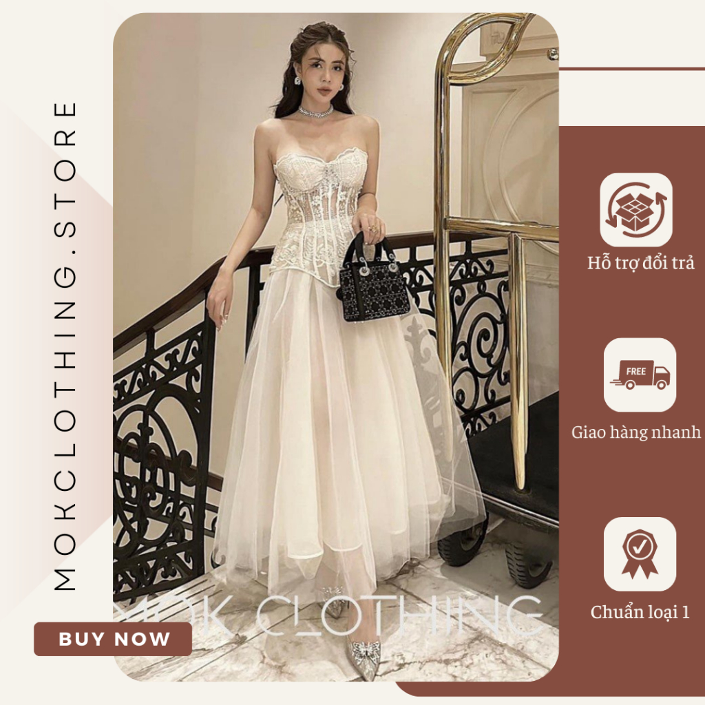 Set váy nữ áo cúp ngực kiểu ren họa tiết vạt nhọn ôm eo phối chân váy lưới dài xòe xếp li siêu sang trọng, quý phái