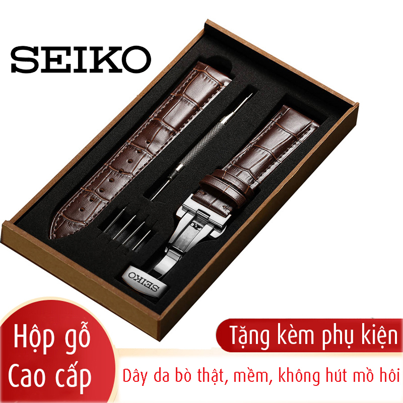 Dây đeo cho đồng hồ SEIKO, da bò dập vân cá sấu, chống hút mồ hôi, khoá bướm 2 nút bấm khắc logo theo yêu cầu - D2304