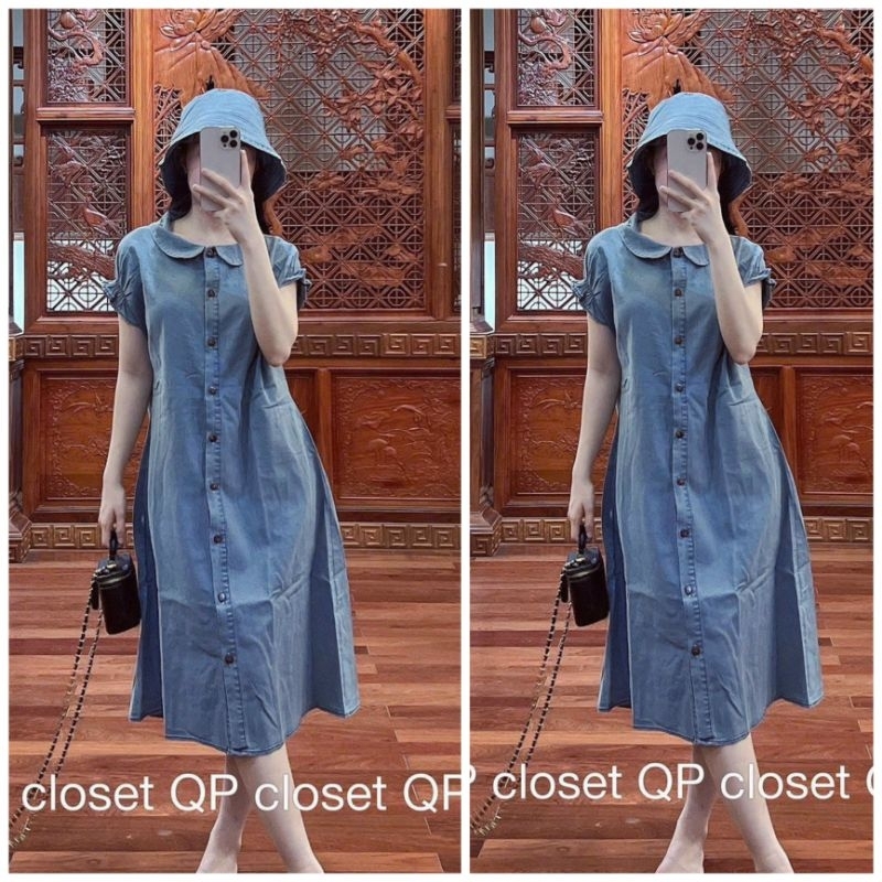 Đầm Sơ Mi Jeans Nữ Suông Dáng Dài Kèm Nón ,Váy Bò Suông Tay Ngắn Cổ Bèo Phong Cách Ulzzang Hàn Quốc -D3077